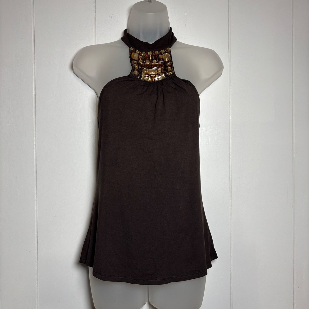 Y2K Cache Brown Embellished Halter Mock Neck Top Size S Beaded Jersey Knit - Picture 2 of 12